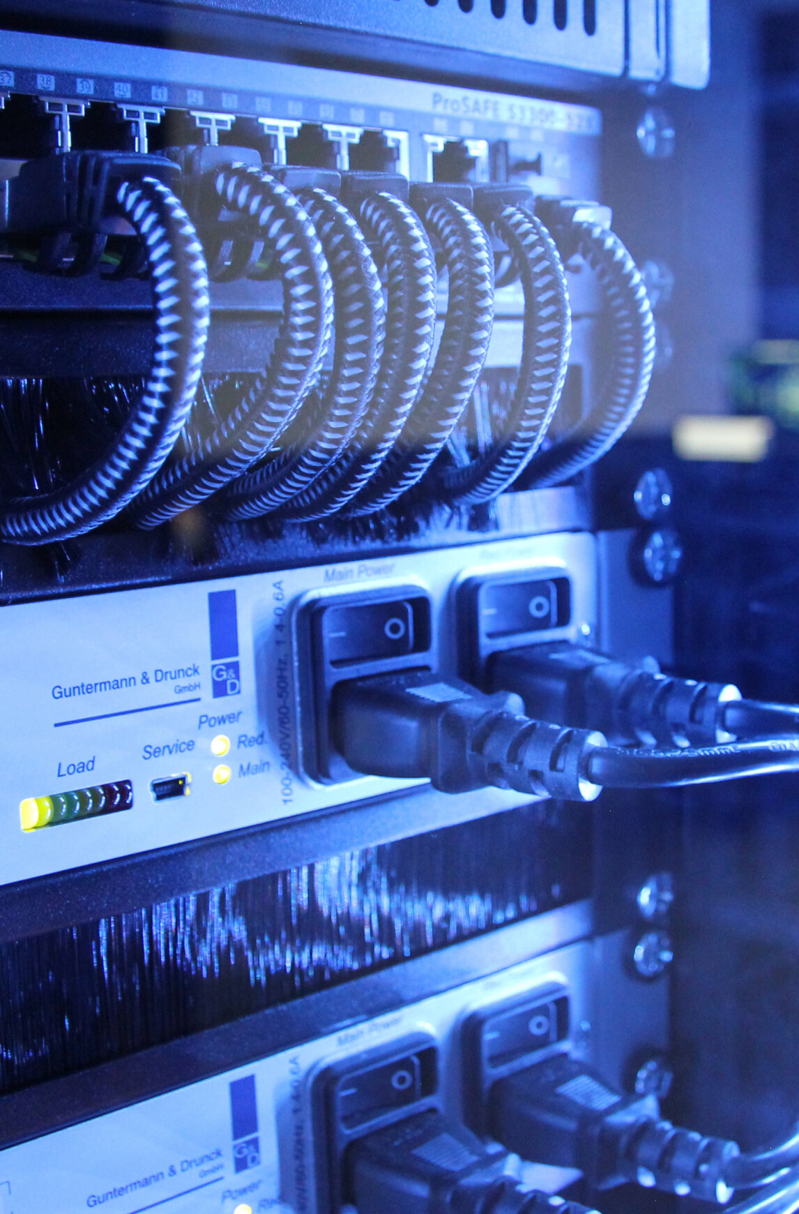 Close-up of a KVM rack equipped with G&D devices